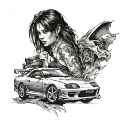 sexy girl, car supra MK4 driving tattoo design idea