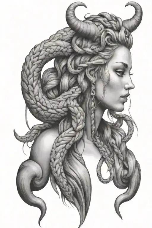 virgo goddess with taurus horns with long braided hair into a scorpion tail tattoo design idea