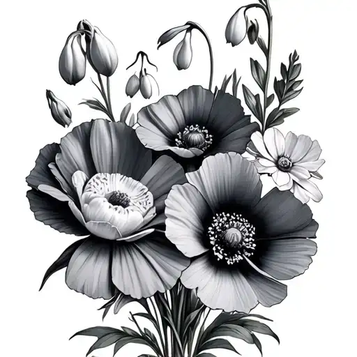 narcissius flower, cosmos flower, violet flower, poppy flower, and snowdrop flower bouquet tattoo design idea