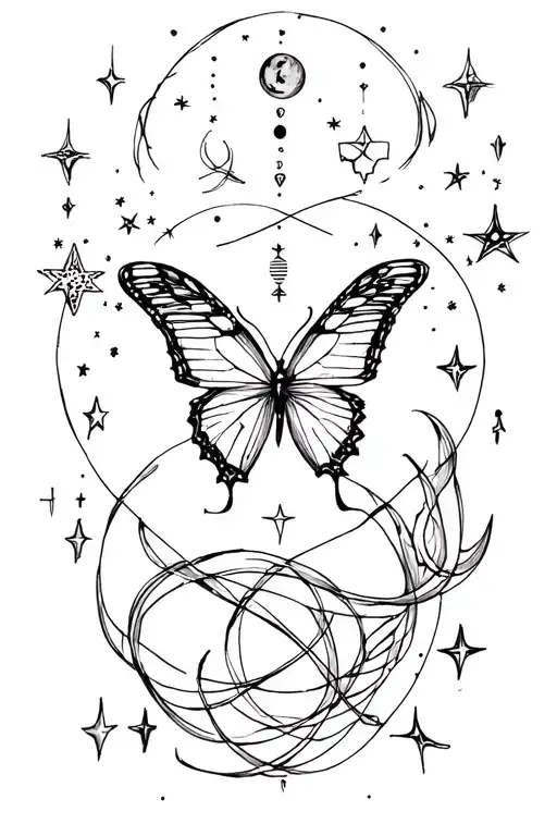 butterfly, stars, and moon phases intertwined tattoo design idea