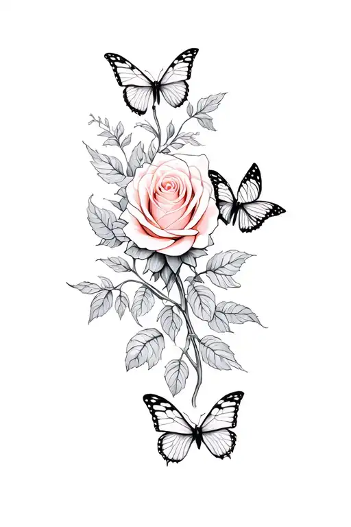 rose and butterflies intertwined tattoo design idea