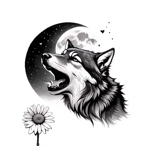 WOLF CRYING, MOON AND DAISY tattoo design idea