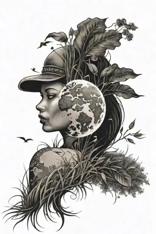 Mother Earth with grass beneath her and half sunshine half rain above her tattoo design idea