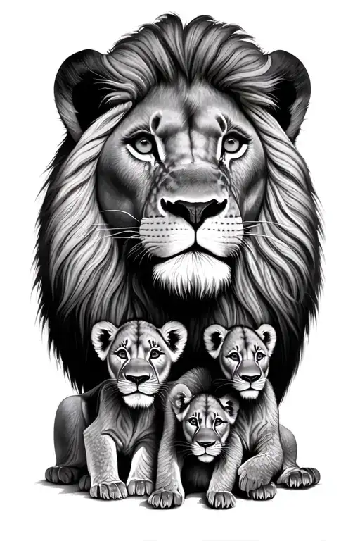 Lion king with 3 cubs face only tattoo design idea