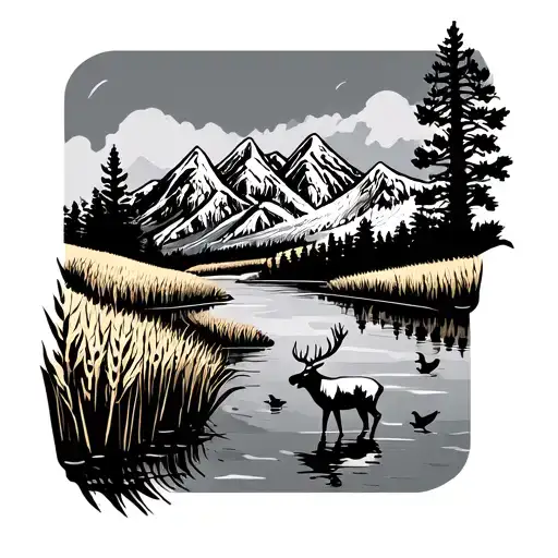 Tattoo design with mountain scape the pond with ducks landing and an elk in a wheat field. Aspect ratio 5:2 tattoo design idea
