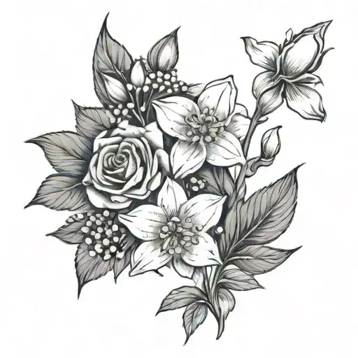 One Rose, Two Lily of the Valley Flowers, One Snowdrop flower, One Daffodil spaced out evenly  tattoo design idea