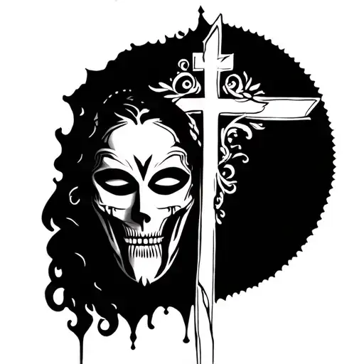 Combine between a picture of a template mask on the left and the cross on the right tattoo design idea