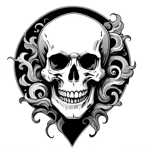 skull on hand tattoo with swirl clouds tattoo design idea