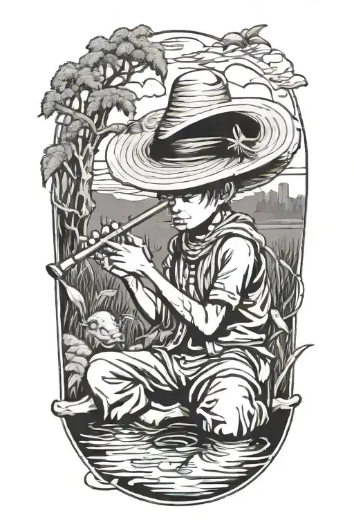 Straw hat kid farmer sitting on water buffalo playing the flute tattoo design idea