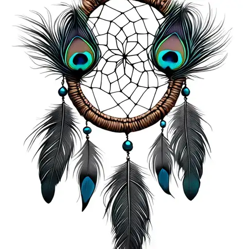 dream catcher with vibrant peacock feathers, timeless, classic, classy, flowing tattoo design idea