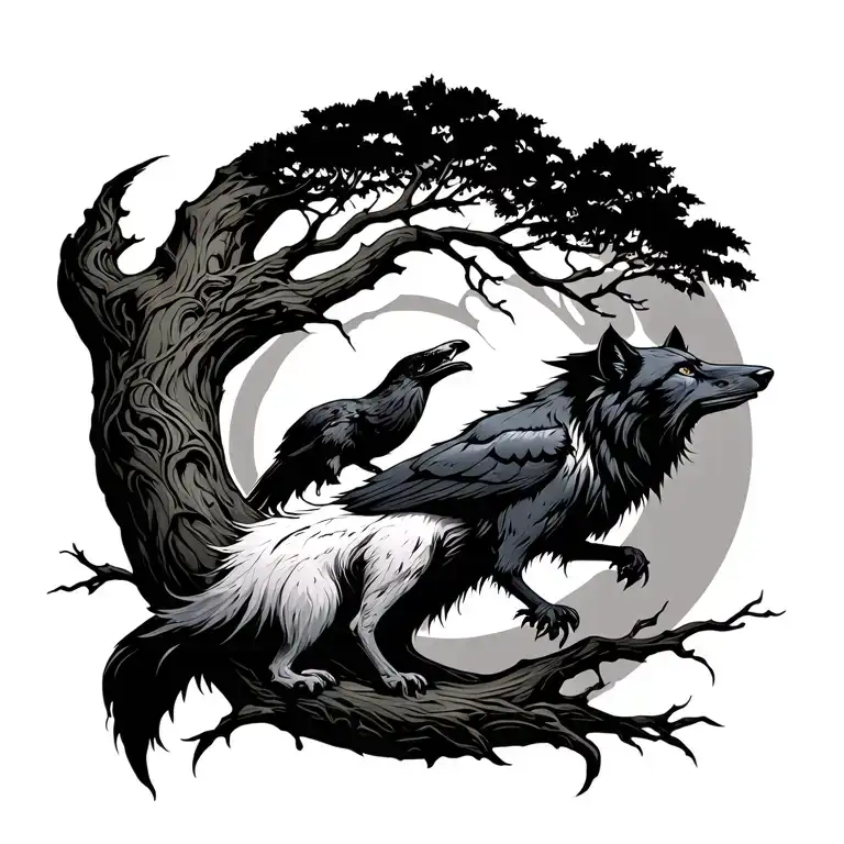 Tribal Tree with wolf and raven tattoo design idea