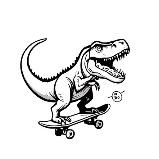 cartoon t-Rex on a skateboard eating pepperoni pizza tattoo design idea