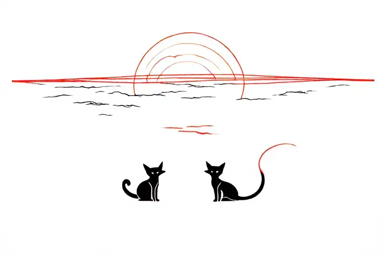 A black cat and a small fox look at the sunset. Their tails are intertwined, and next to them the red thread of fate tattoo design idea