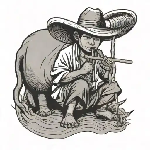 straw hat child farmer playing bamboo flute siting on water buffalo tattoo design idea