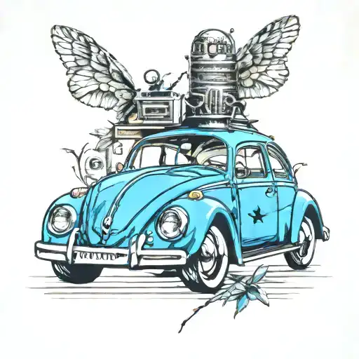 volkswagen beetle and jukebox tattoo design idea