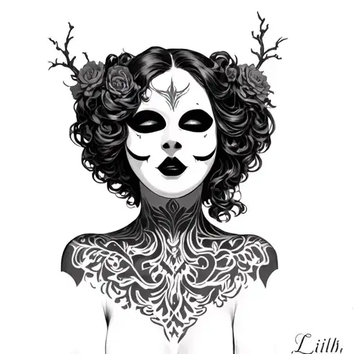 Lilith with phantom of the opera mask whole body knecked tattoo design idea