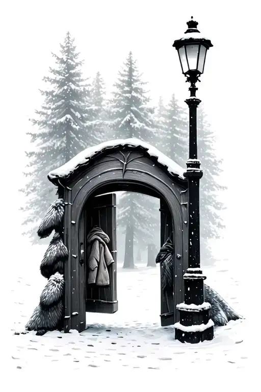 Narnia wardrobe looking through the doors and hanging fur coats at the snowy forest with the lamp post. tattoo design idea