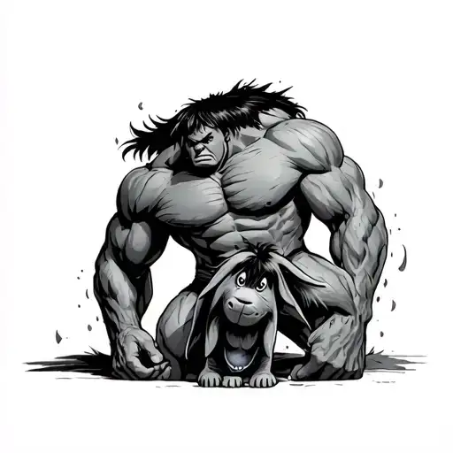 Hulk and eeyore covering sadness misery pain tattoo design idea