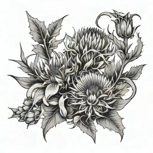 honeysuckle and thistle flowers tattoo design idea