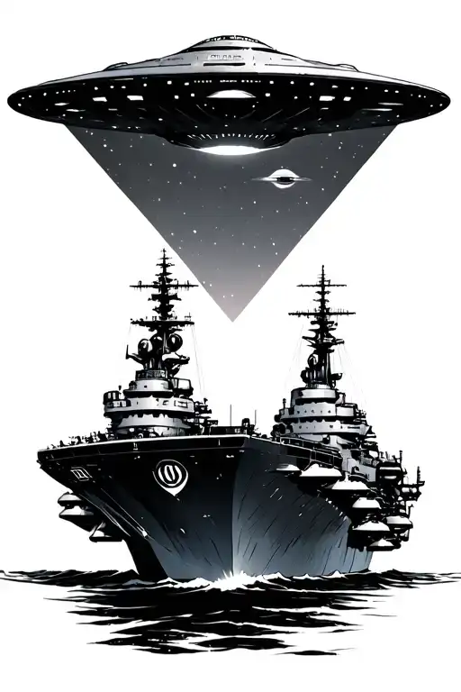 triangle shaped UFO flying over top the USS Theodore Roosevelt CVN-71 tattoo design idea