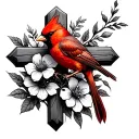 a cross with a veins and flowers intertwined with a little red cardinal bird  tattoo design idea