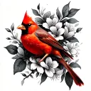 a cross with a veins and flowers intertwined with a little red cardinal bird  tattoo design idea