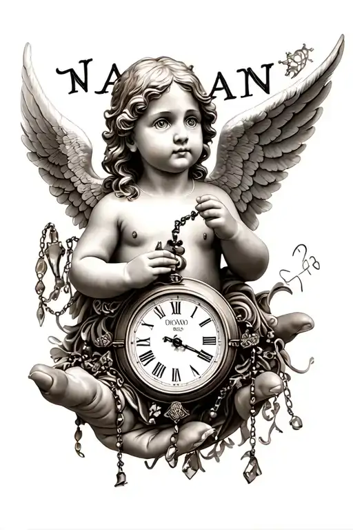 "NAYLANN" baby angel with wings and a clock that shows 00:40 as well as a hand holding a rosary tattoo design idea
