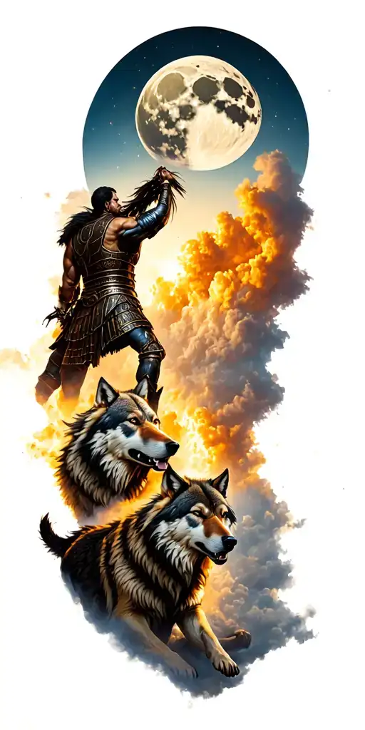 gladiator and wolves driving him to the moon tattoo design idea