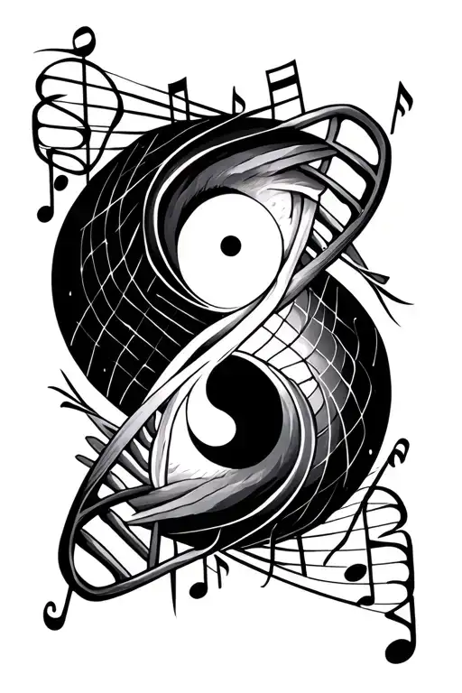 "Seth and Arya" music notes , DNA helix and ying yang symbol intertwined tattoo design idea