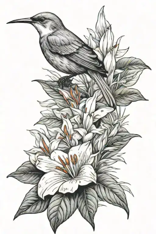 peace lily and robin bird tattoo design idea