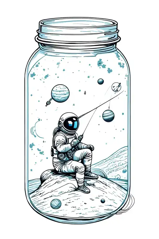 astronaut sitting on a satellite fishing out of  a mason jar that contains the solar system  tattoo design idea
