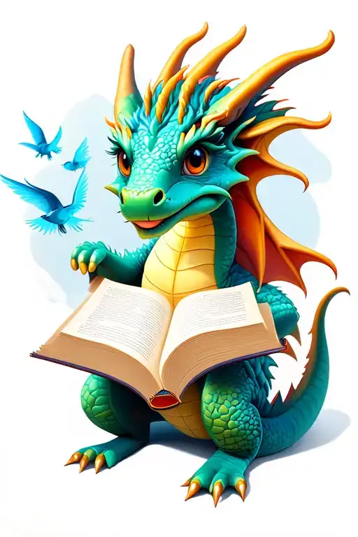 realistic cute dragon reading a book with images flying from pages tattoo design idea