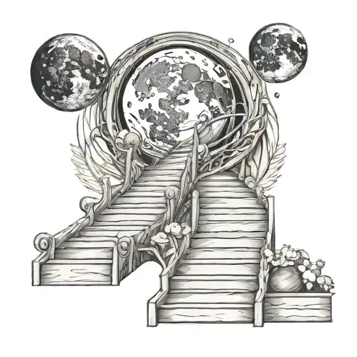 wooden staircase leading to the moon phases tattoo design idea
