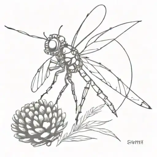 mechanical robot dragonfly landing on a pinecone, minimal tattoo design idea