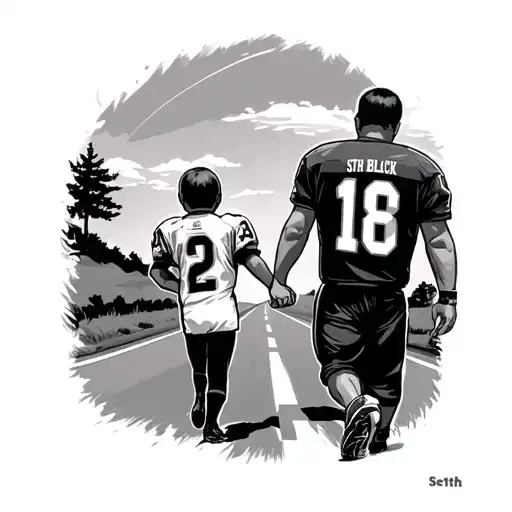 Dad And Son walking down road holding hands walking . son has fullamerican football uniform on with name on back seth tattoo design idea