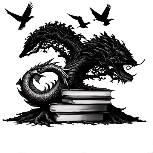 tree with birds flying away on top of a stack of books with Pisces fish and a dragon intwined on the trunk tattoo design idea