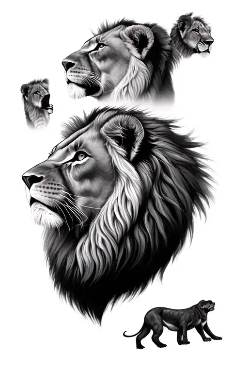lion with three profile lion cubs looking at tattoo design idea