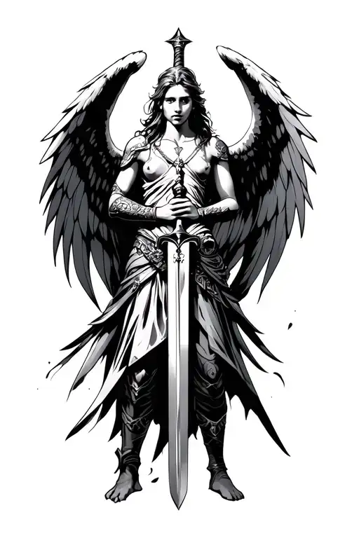 warrior angel holding a sword, darker tattoo design idea