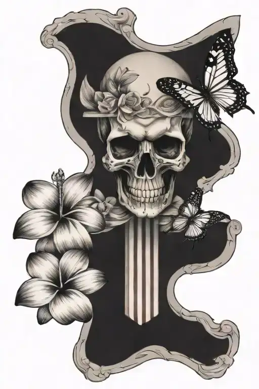 American flag with skull, cross with nails, type 1 diabetes, plumeria flower with butterfly,  tattoo design idea