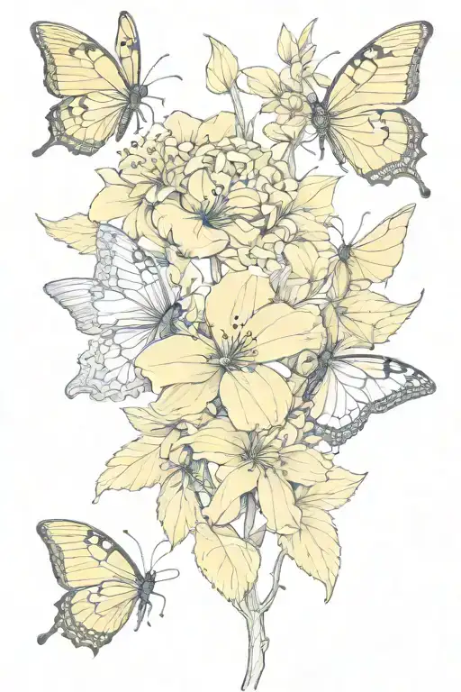 yellow elder flower with butterflies tattoo design idea