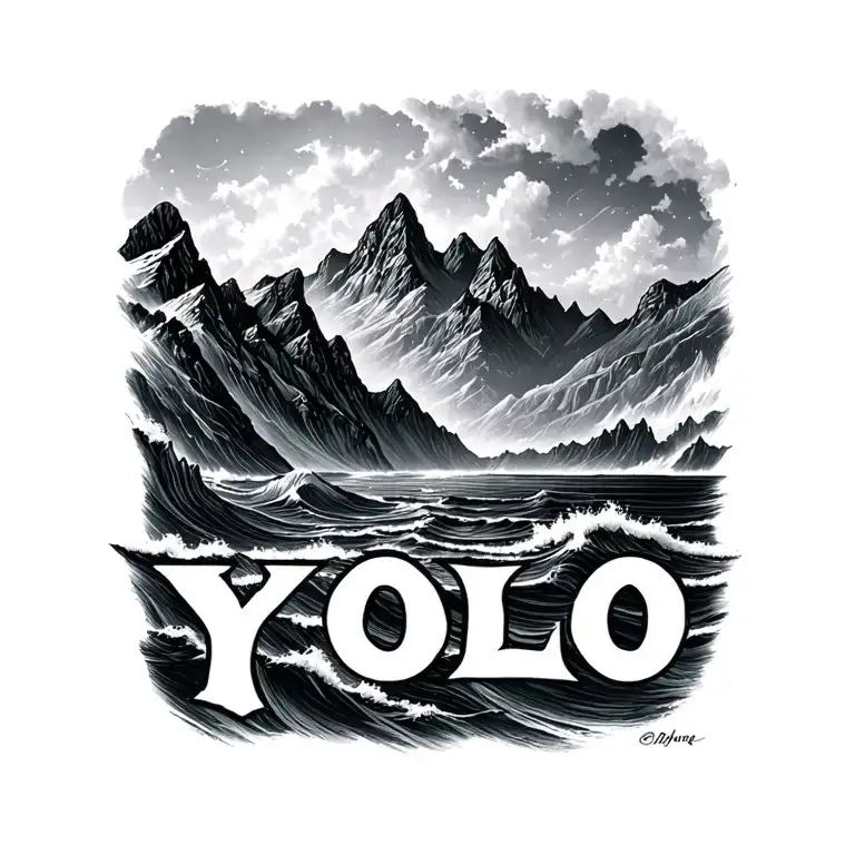 moutains, sea & YOLO tattoo design idea