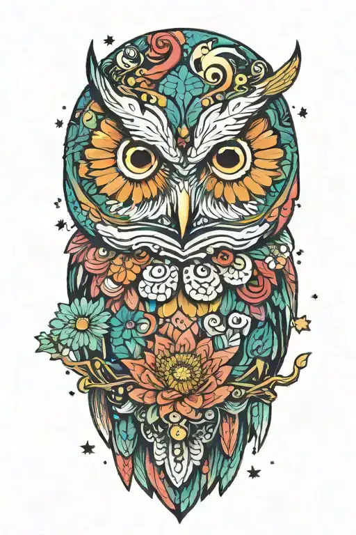 colorful owl with a chrysanthemum  flower, some green spots and starry background that has planets and rockets tattoo design idea
