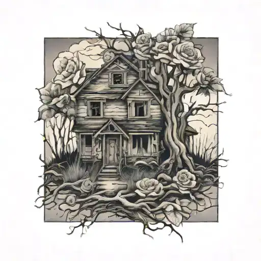 Abandoned old house, roses, tree roots tattoo design idea