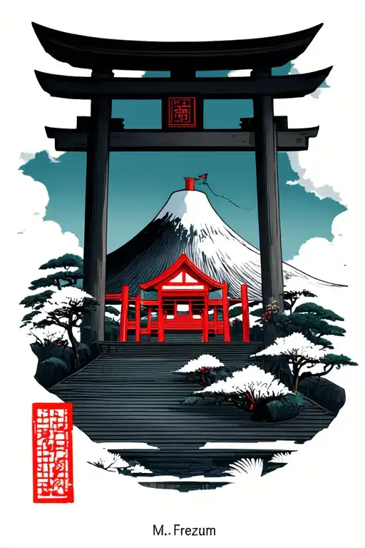 japanese fan, inside it to be a torii gate and mt fuji tattoo design idea