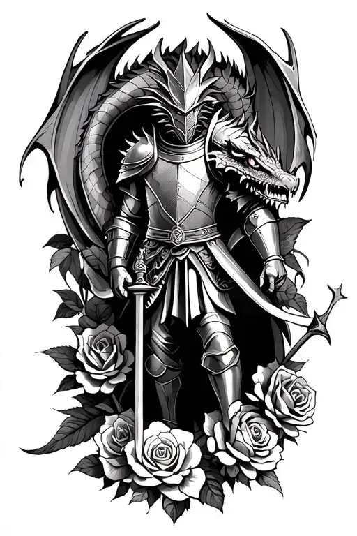 medieval knight, slaying dragon surrounded with roses tattoo design idea