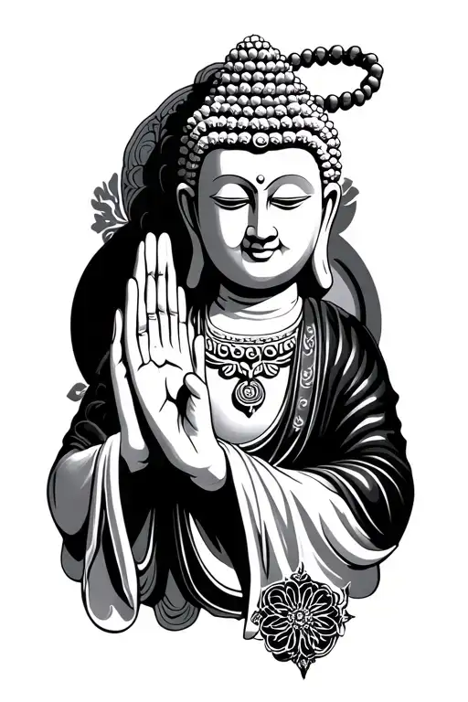 praying hands holding with necklace shaped like budda pendent tattoo design idea