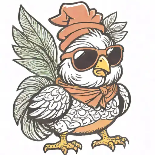 A playful chicken wearing a coconut bra and sunglasses, strutting confidently tattoo design idea