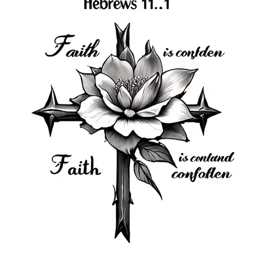 "Hebrews 11:1 Faith is confiden" Create a tatoo on the forearm that has a cross with nail spikes, include the bud of a flower, a flower half open tattoo design idea
