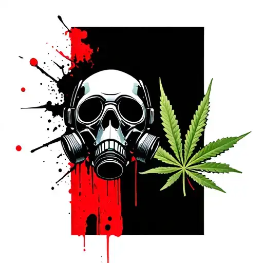 composition A black robot skull with gas mask,in the background a marijuana leaf tattoo design idea
