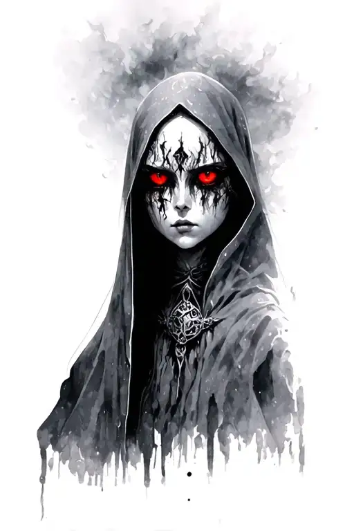 the Warden she is, non-human, solemn figure that emerges from the fog to watch over memories, loss. red eye glows  tattoo design idea